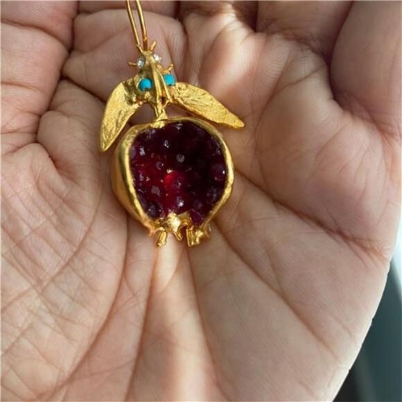 Gold Pomegranate Earrings Red Gemstone Statement Dangles - Picture 4 of 6